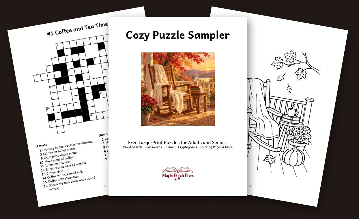 Pages of the Cozy Puzzle Sampler: a crossword, the cover and a coloring page